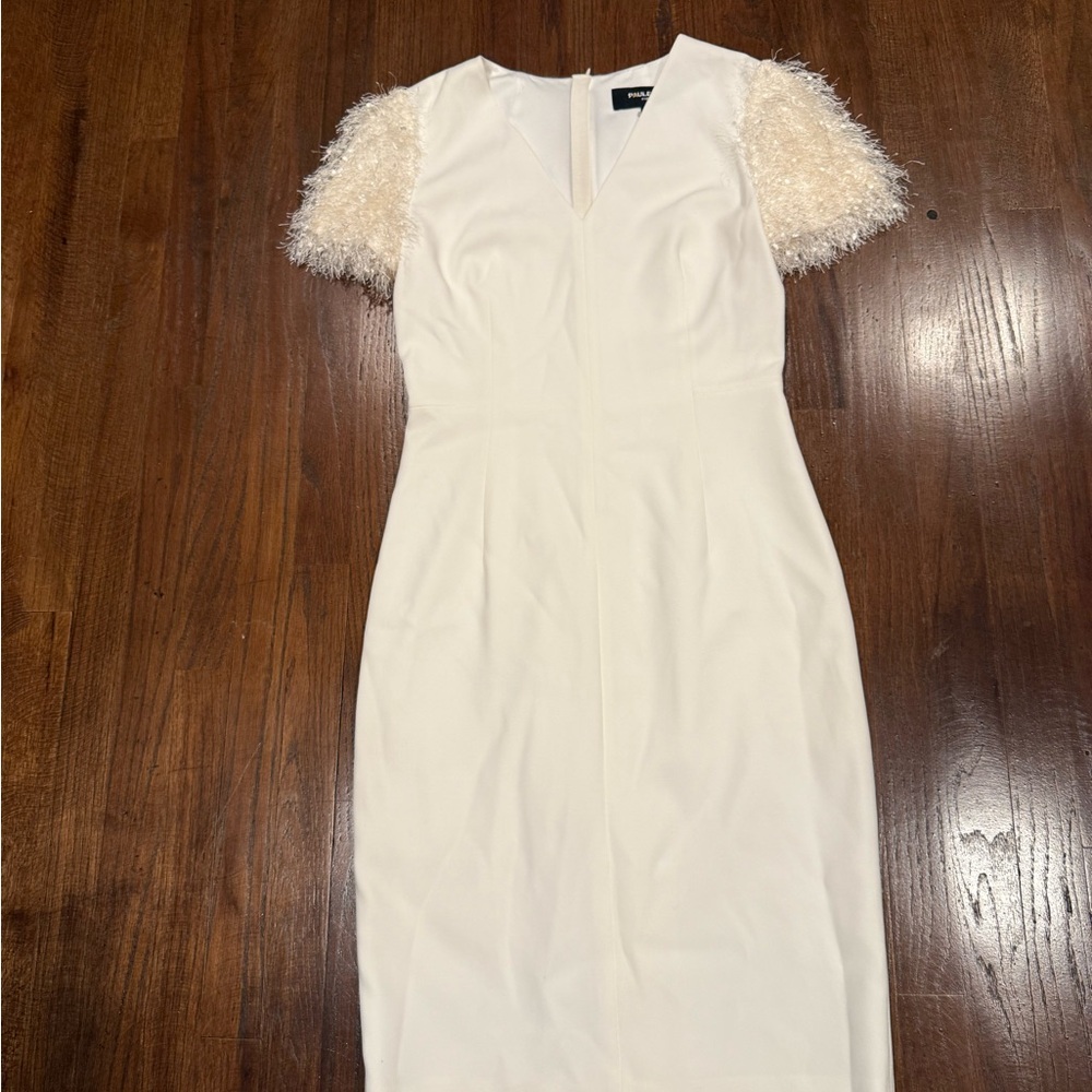 PAULE KA White Sheath Dress with Flutter Cap Sleeves